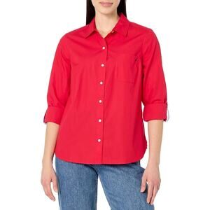 Nautica Women Regatta Red Poplin Cotton Classic Roll-Tab Button Shirt Size XXL